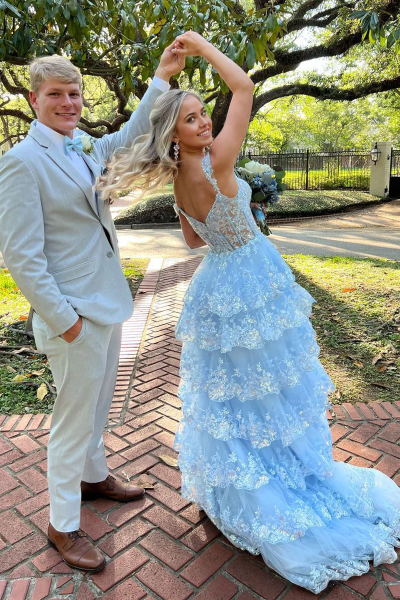 A-line Cute Sweetheart Light Blue Tulle Long Prom Dresses with Sparkly Appliques