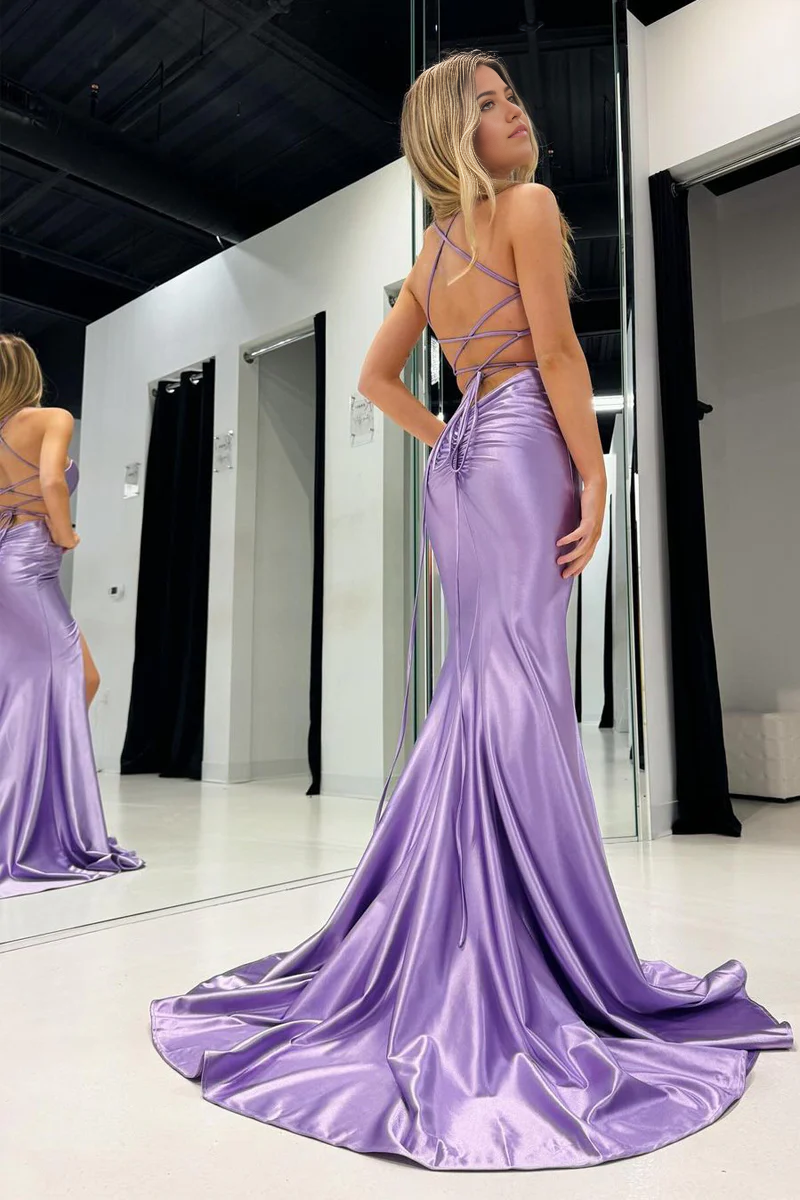 Mermaid Simple Spaghetti Straps Lilac Satin evening gowns Prom Dress with Slit