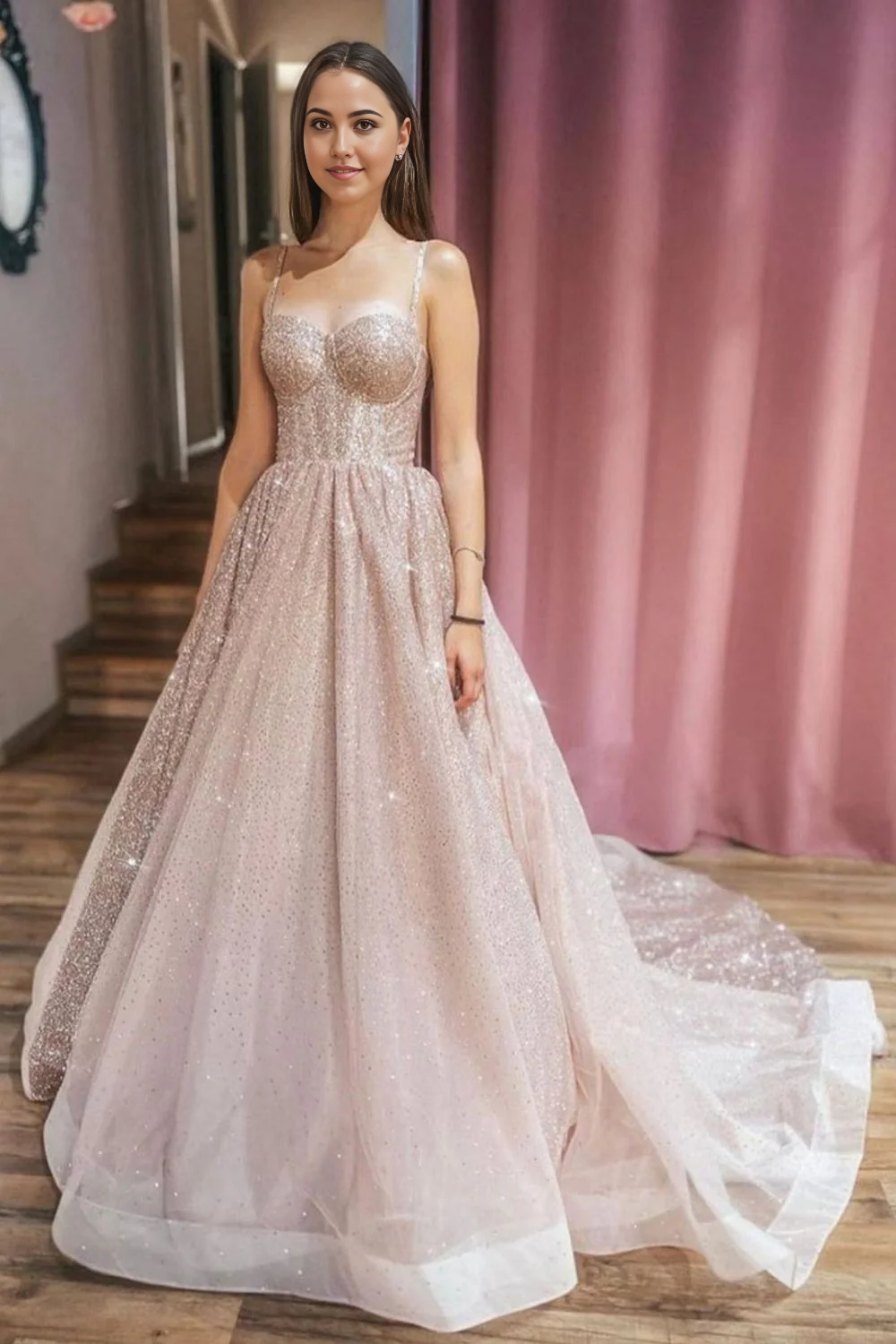 A Line Princess Spaghetti Straps Pink Long evening gowns Prom Party Dress