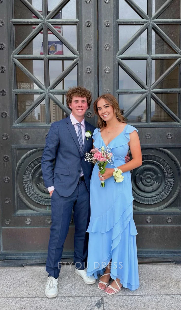 A-line V-Neck Ruffle Blue Chiffon Long formal dresses Bridesmaid Dresses evening gown Prom Dress