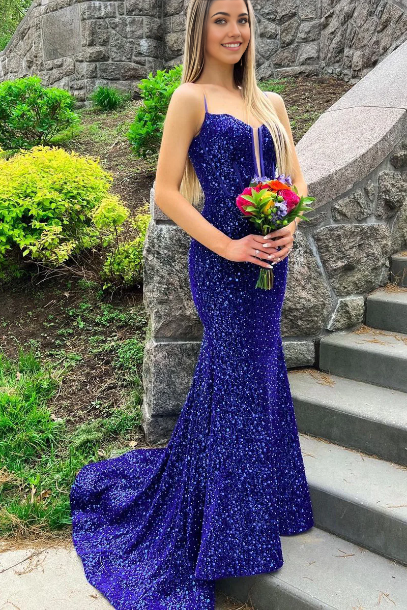 Mermaid Gorgeous v Neck Royal Blue Sequins Long Prom Dresses