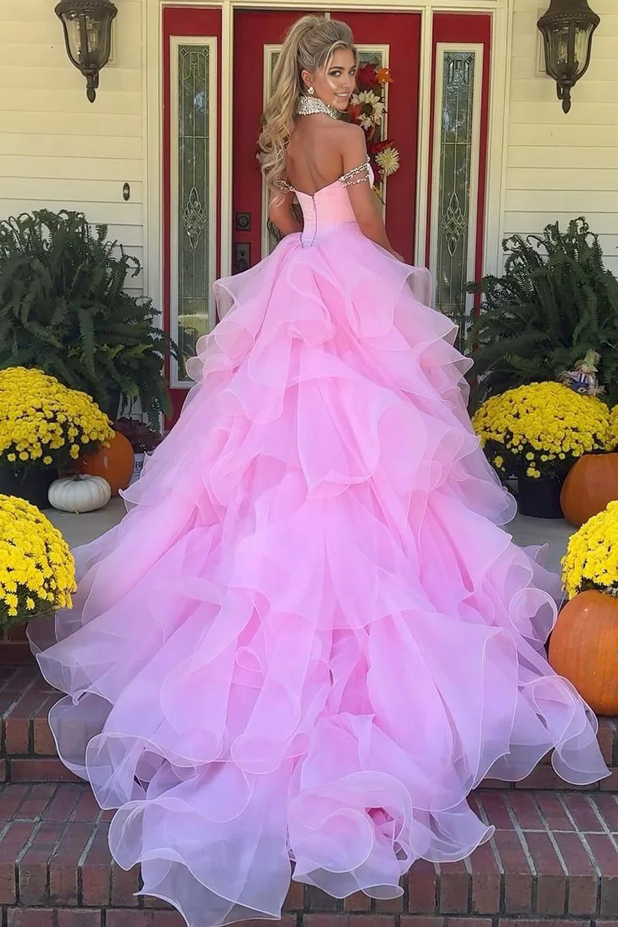 A-line Off the Shoulder Tulle Pink Gorgeous Ball Gown evening gown formal dresses Prom Dresses