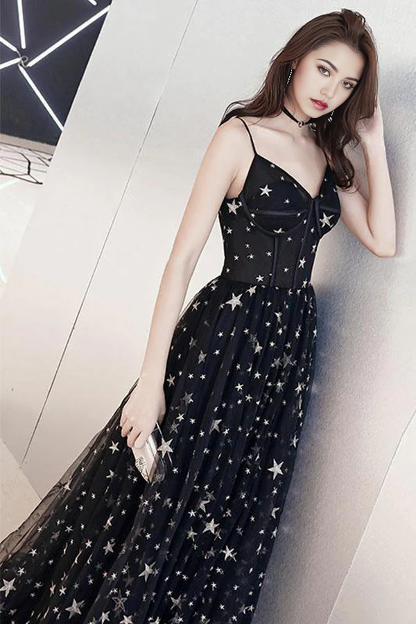 A-line Star Lace Beautiful Chic Black Long evening gown Prom Dress