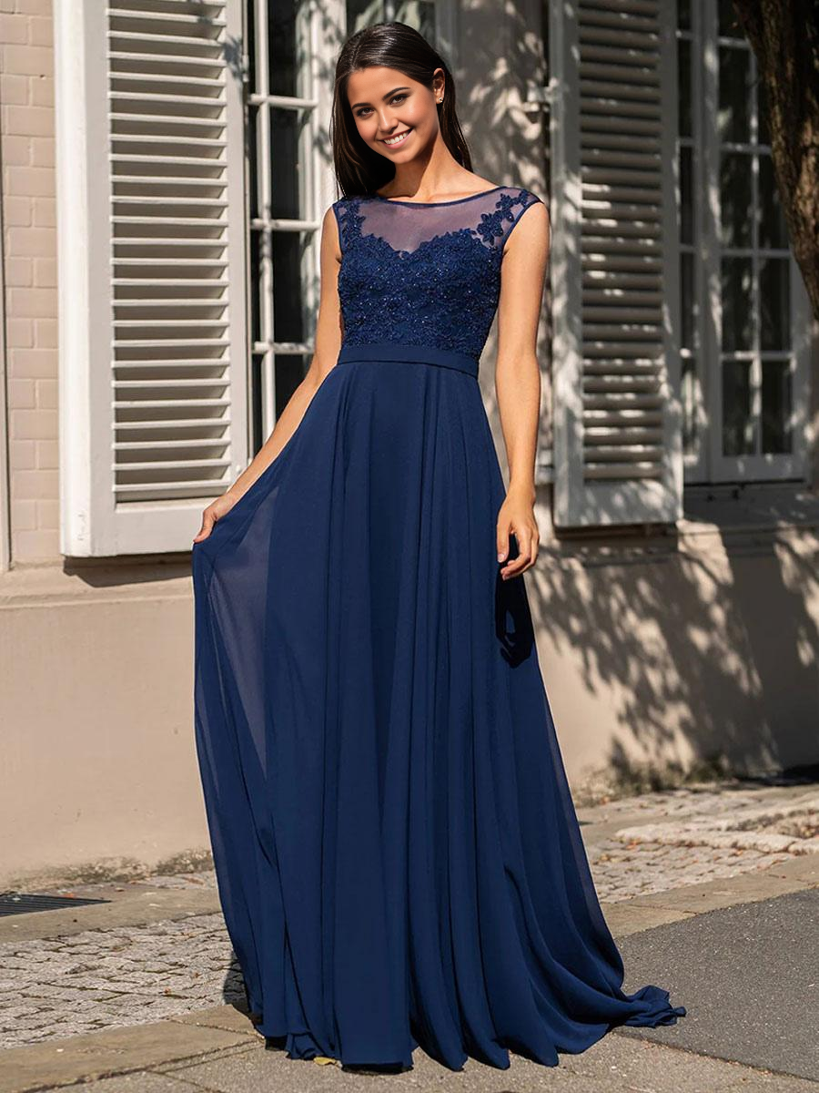 A-Line Floor-Length Illusion Neckline Lace formal dress evening gown Wedding Guest Dresses Prom Dress