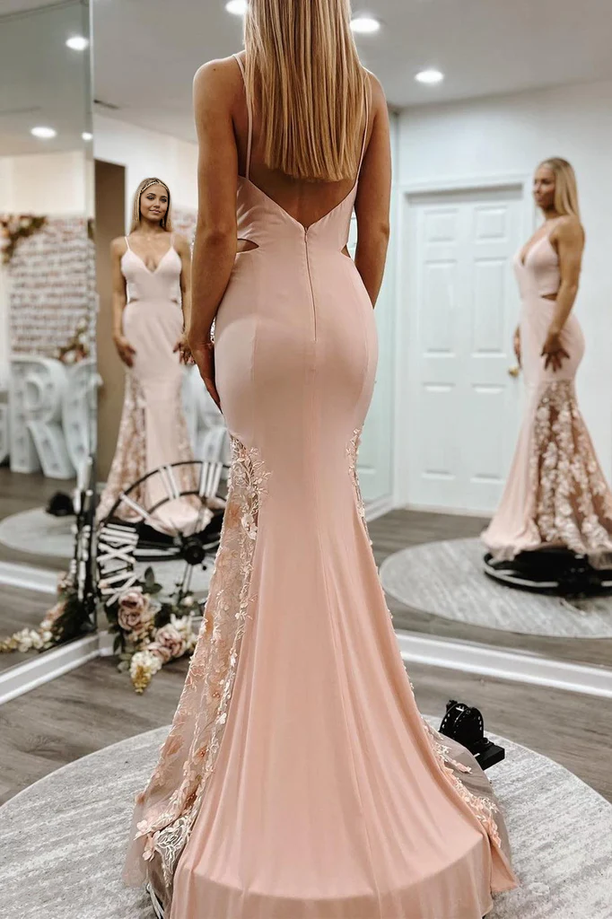 Mermaid V-neck Sweet Backless Pink Ball Gown Long Ball Gown Prom Dresses