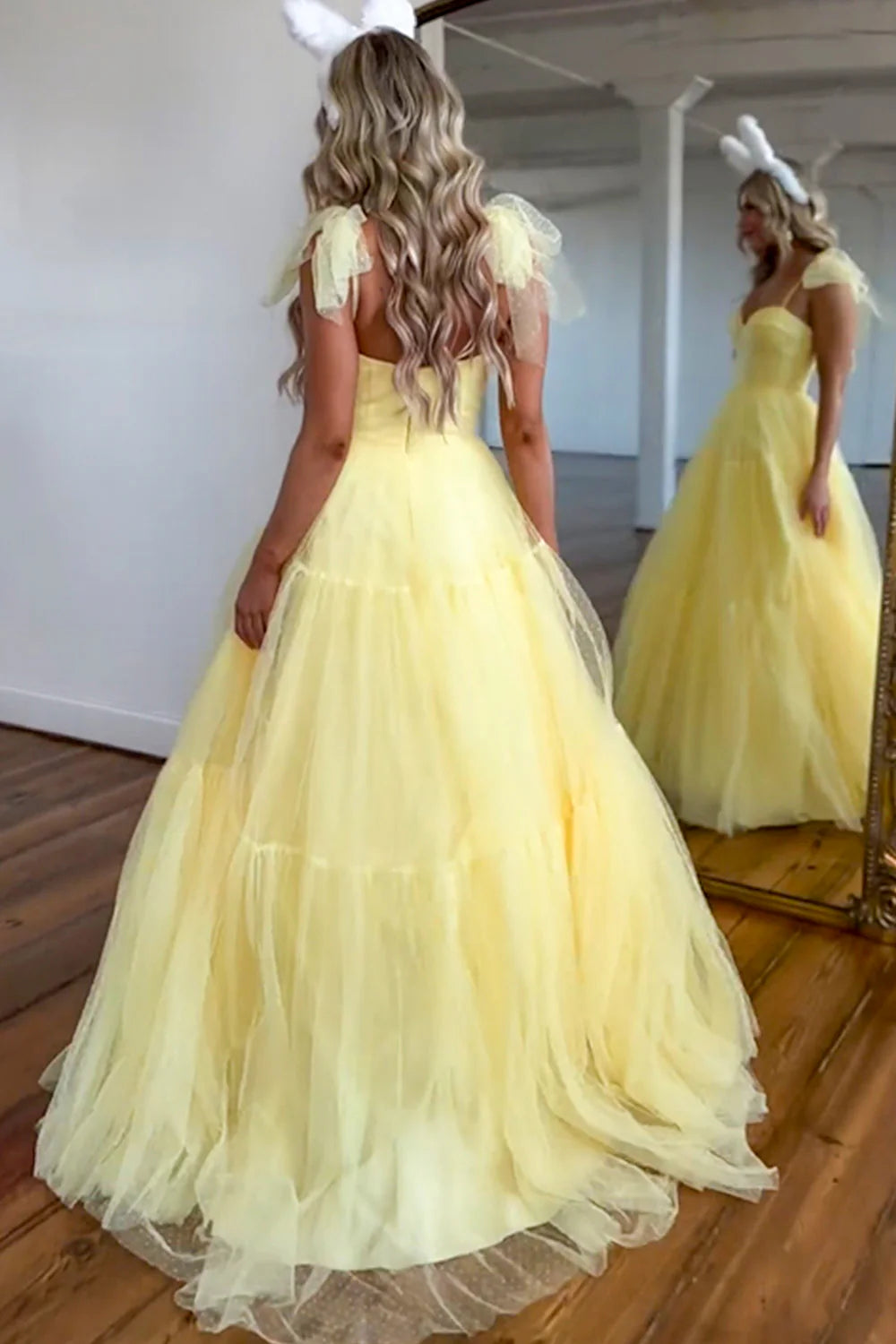 A-Line Spaghetti Straps Long Tulle Yellow formal dresses evening dress Prom Dresses