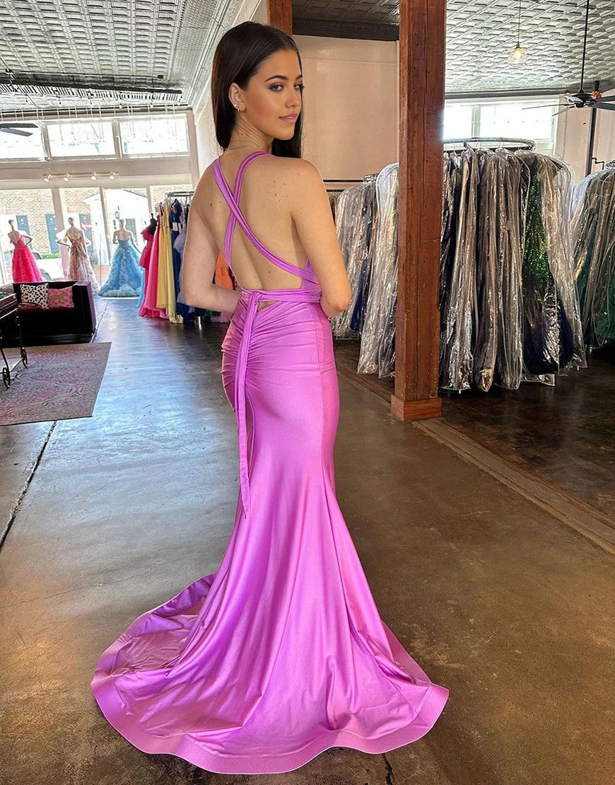 Mermaid Deep V-Neck Cross Back Long Satin Prom Dress With Split