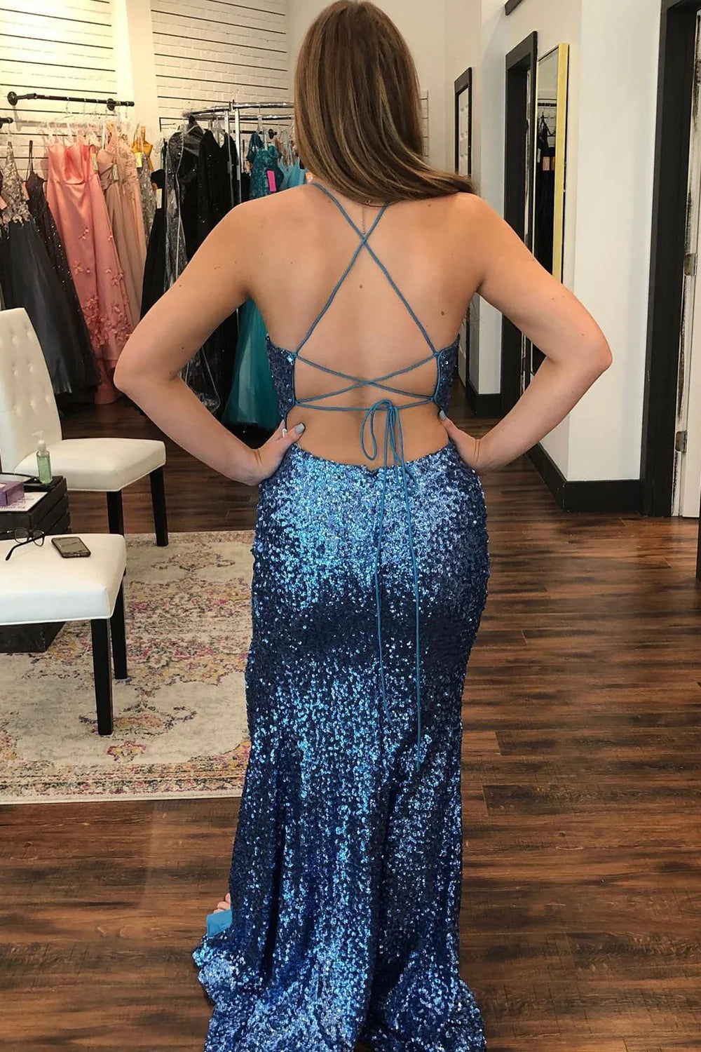Spaghetti Straps Criss-Cross Back Sequined Navy formal dresses evening gown Prom Dress