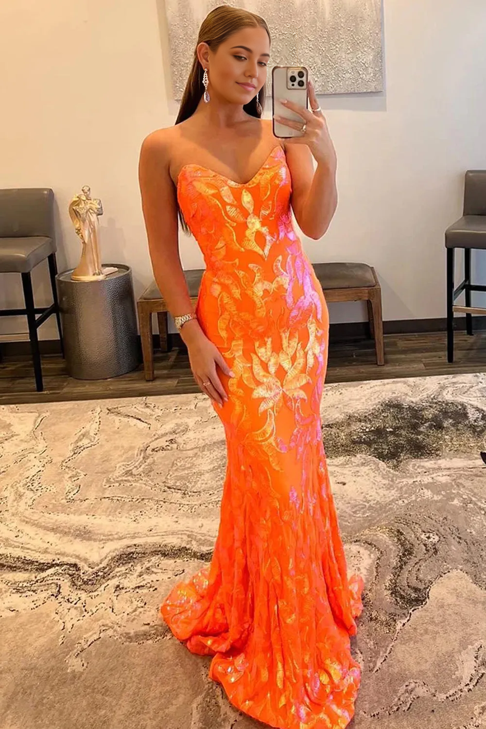 Sparkly Sequin Sweetheart Lace-Up Back Orange Long formal dresses Bridesmaid Dresses evening gown Prom Dress
