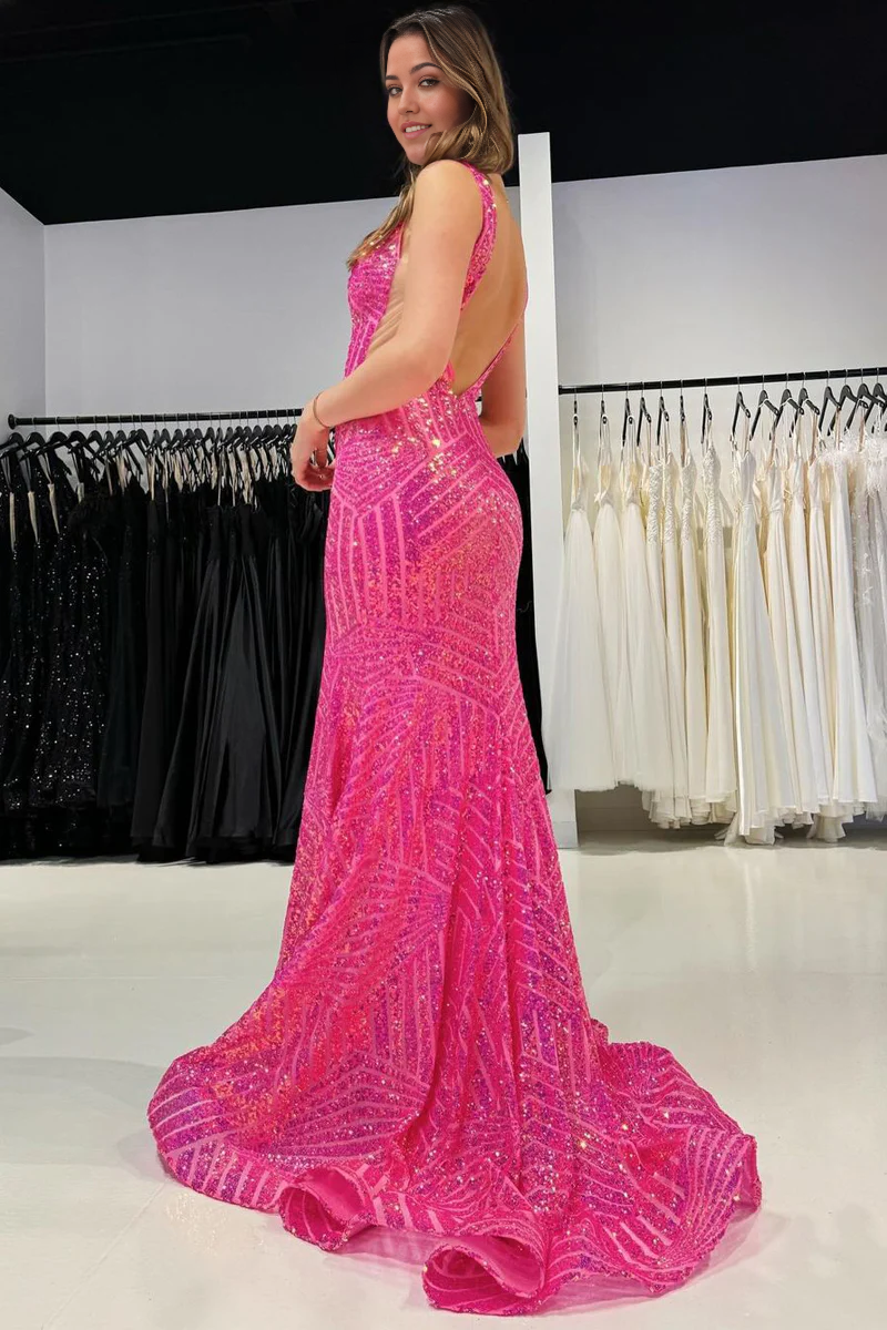 Mermaid V Neck Pink Sequins Long Prom Dresses