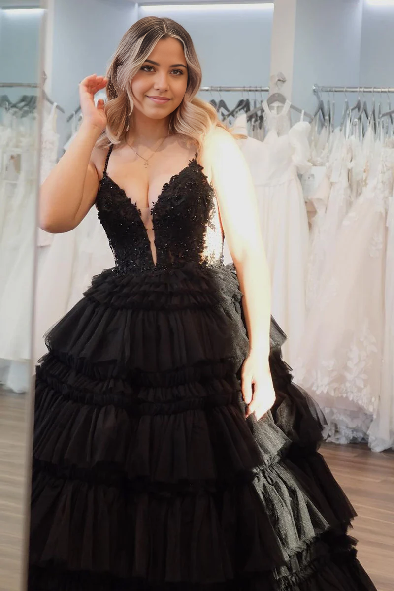 A-line Princess V Neck Black Tiered Tulle Long Prom Dresses