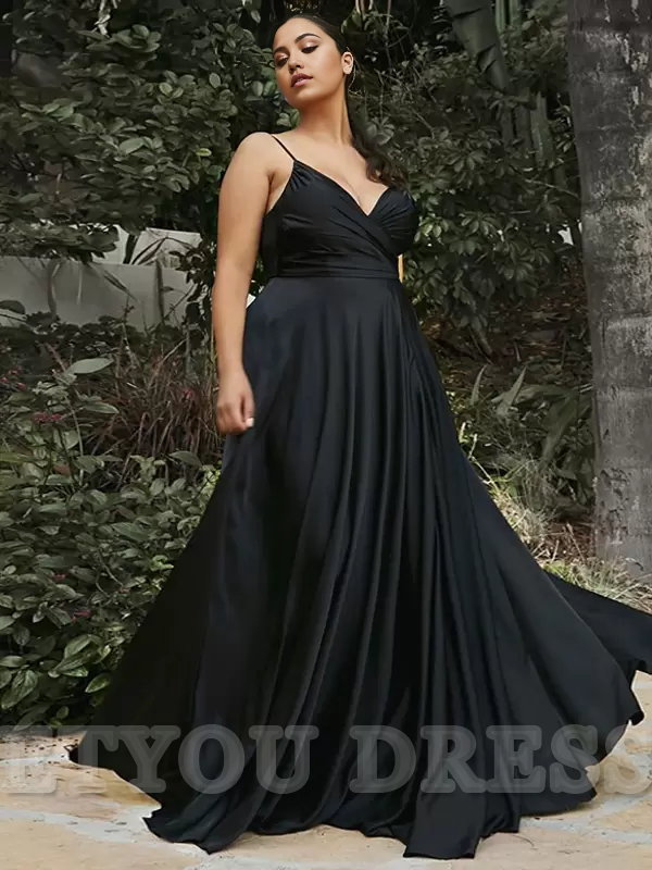 A-Line V-Neck Floor-Length Zipper Satin formal dresses Bridesmaid Dresses evening gown Prom Dress