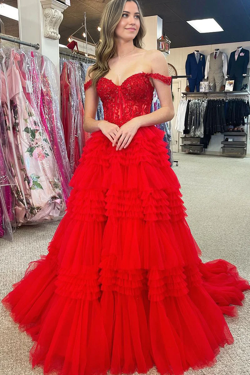A-line Cute Off the Shoulder Red Tulle Ball Gown Prom Dresses with Appliques