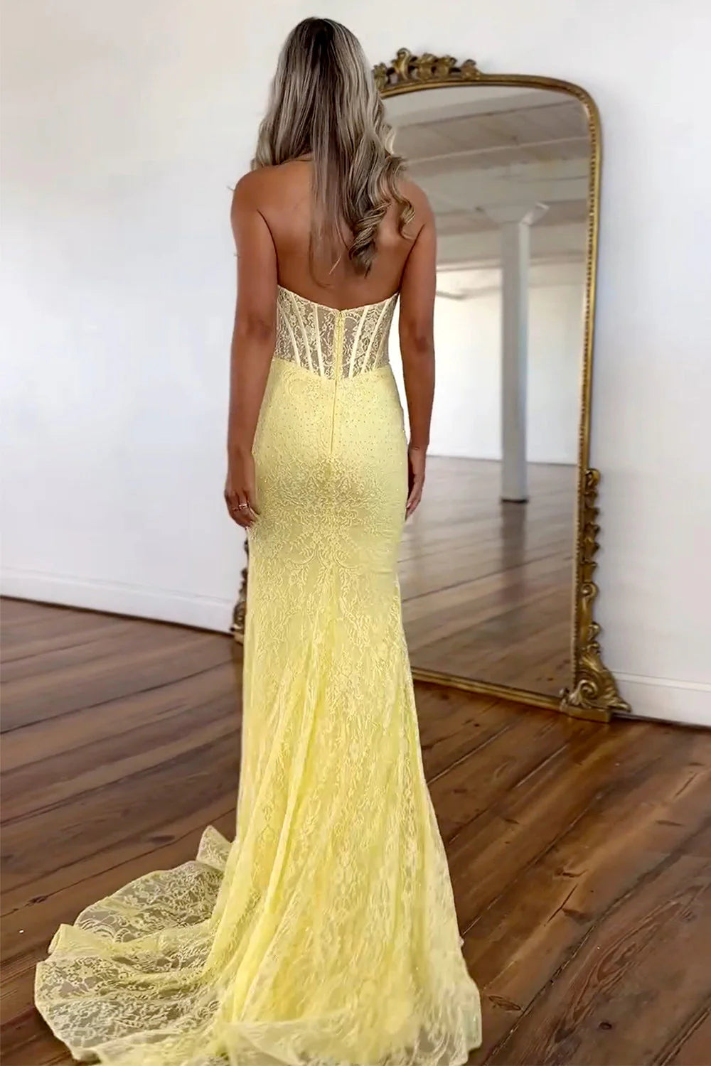 Mermaid Halter Neck Backless Cute Yellow Long Lace formal dresses evening dress Prom Dress