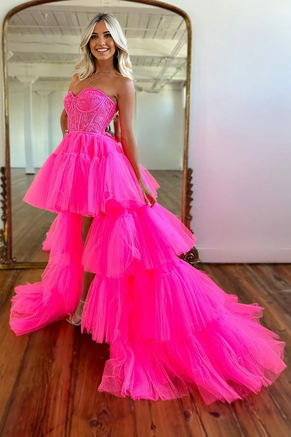 Sweetheart Cute Hot Pink High-Low Long Tulle evening gown formal dresses Party Dress Prom Dresses