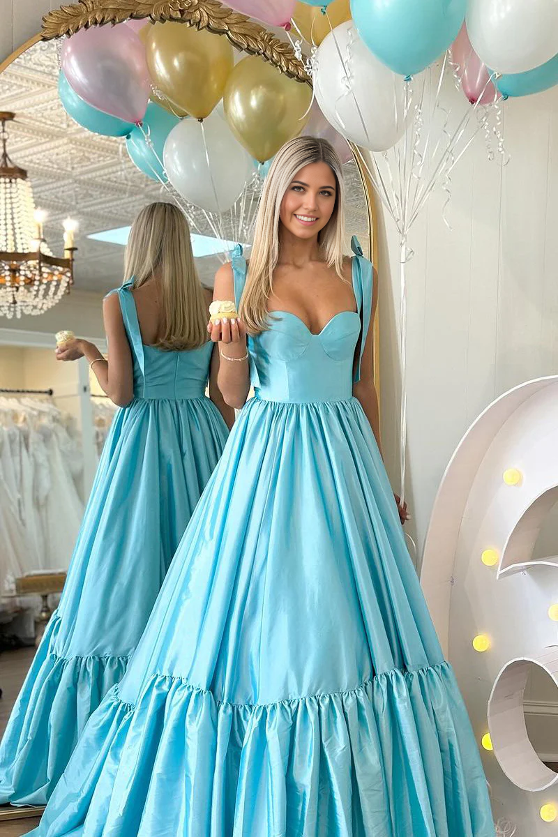 A-Line Sweetheart Satin Ruffle Light Blue Long Prom Dress