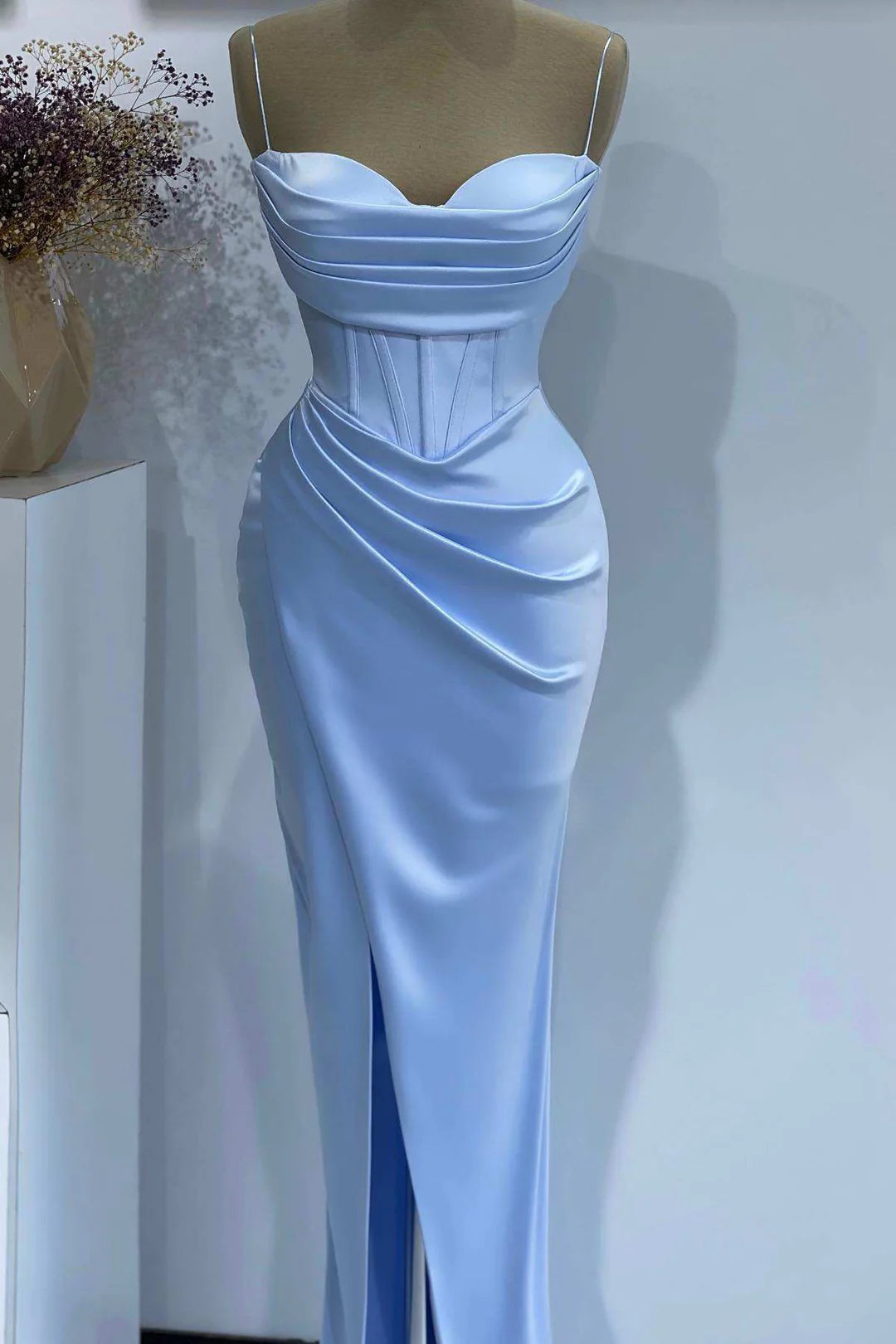 Sheath Spaghetti Straps Satin Pleated Light Blue Long formal dresses Bridesmaid Dresses evening gown Prom Dress with Slit