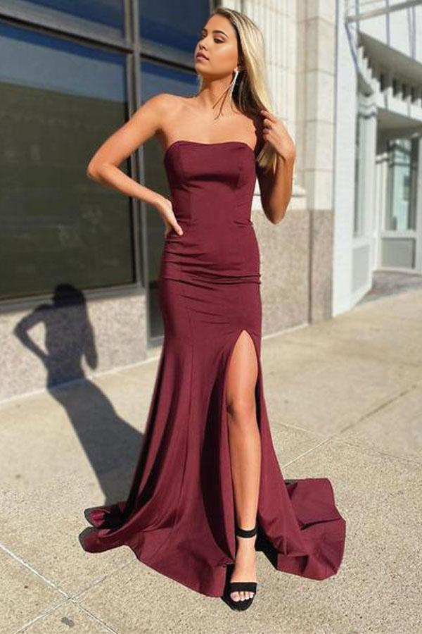 Mermaid Sleeveless Burgundy Formal evening gowns Prom Dress with Slit