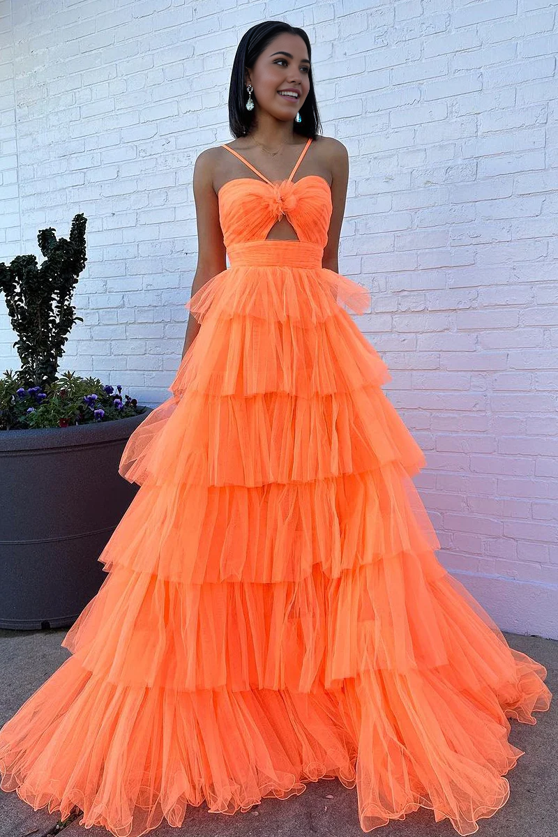 A-line Cute Ball Gown Sweetheart Orange Tulle Tiered Long Prom Dress