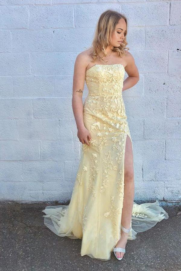 Mermaid Strapless Split Sky Blue Formal evening gown Prom Dress With Lace