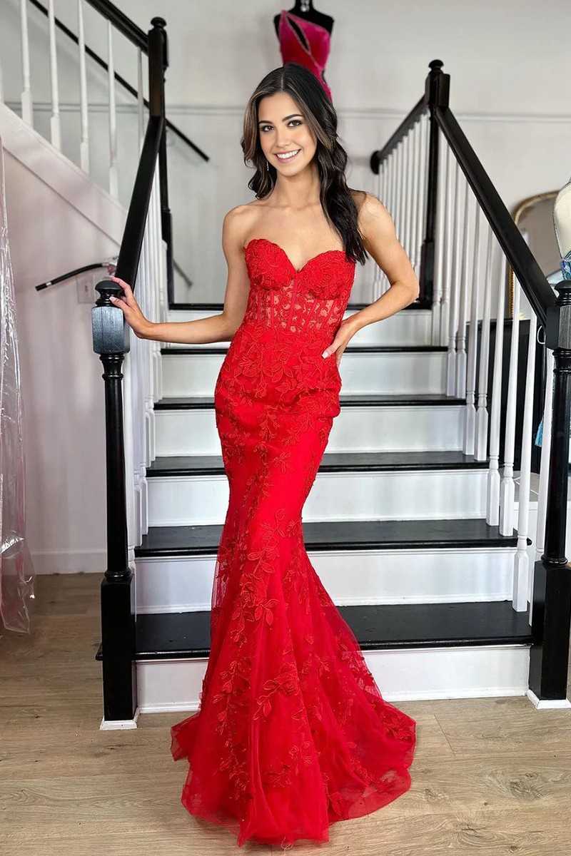 Mermaid Sweetheart Cute Red Lace Prom Dresses