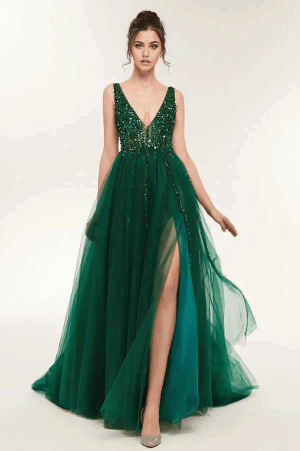 A-line V Neck Open Back Tulle Green Long evening gown Prom Dresses With Sequins