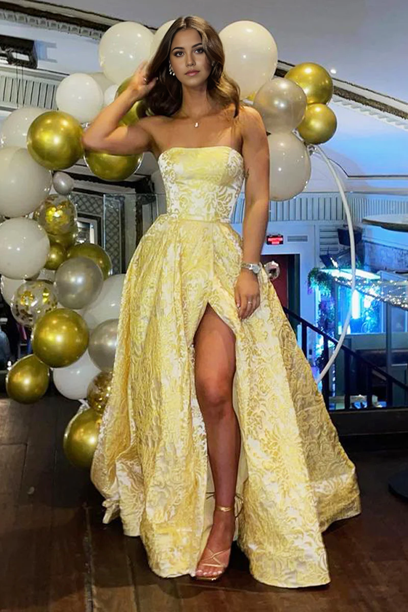 Strapless Gold Satin Gorgeus Ball Gown Long Prom Dresses