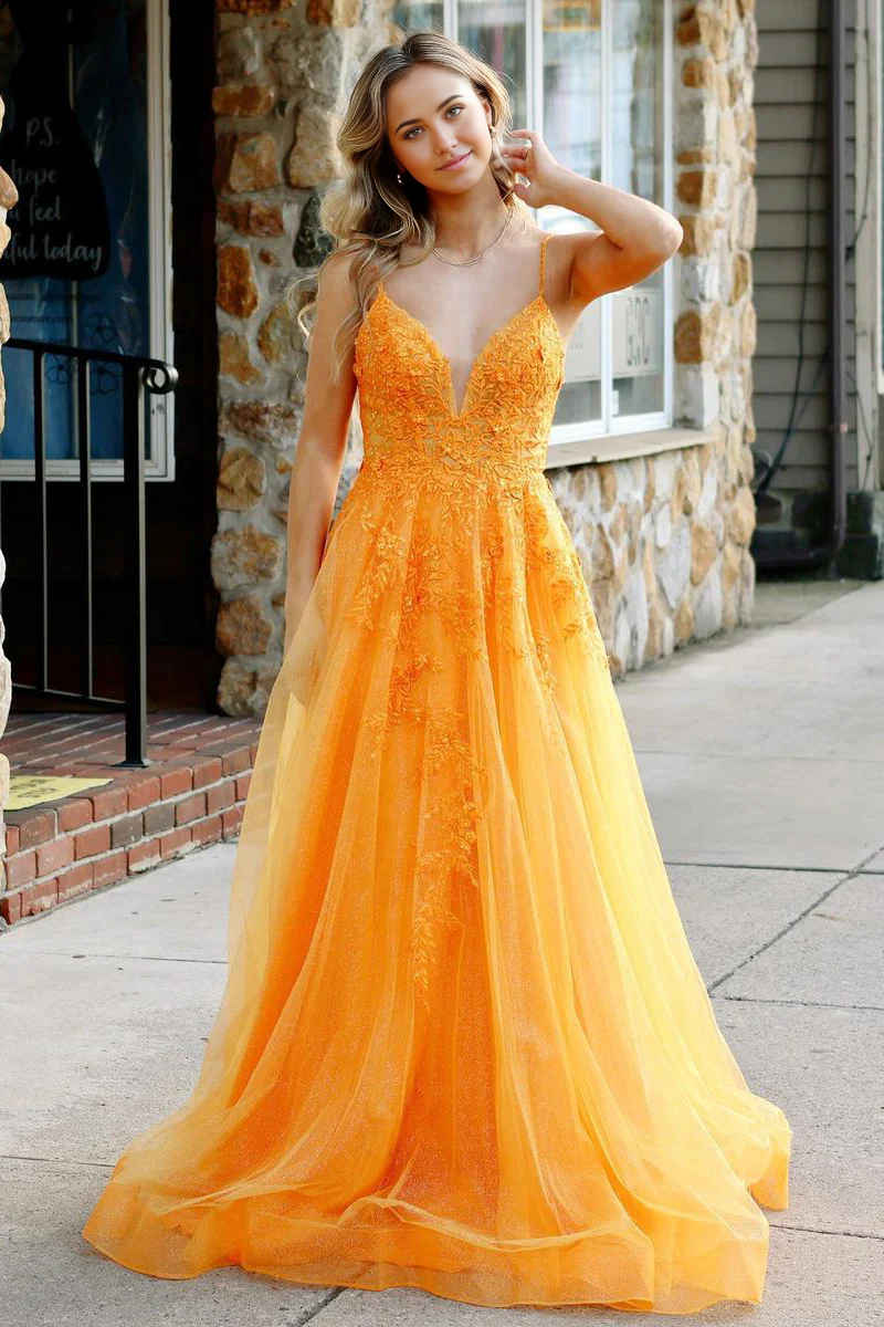 A Line V Neck Orange Tulle Prom Dress with Appliques