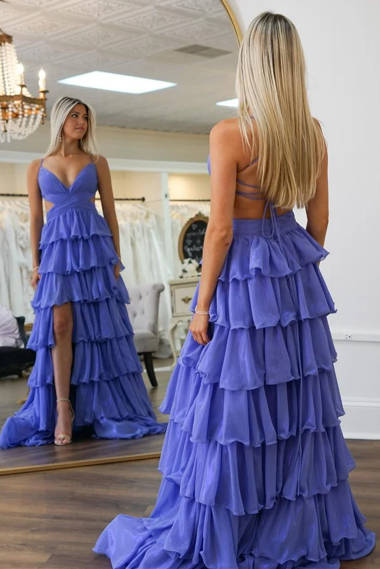 A-Line Spaghetti Straps Lace Up Long Tiered Blue evening gown Prom Dress with Slit