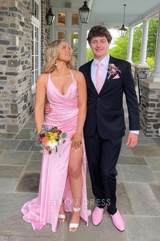 Mermaid V-Neck Pink Long formal dresses Bridesmaid Dresses evening gown Prom Dress With Slit