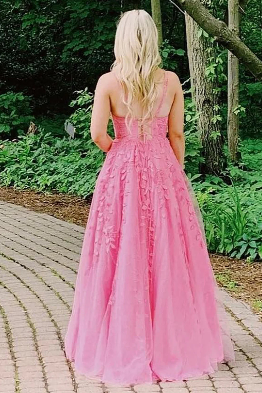 A Line Spaghetti Straps Pink Long evening gowns Prom Dress with Appliques