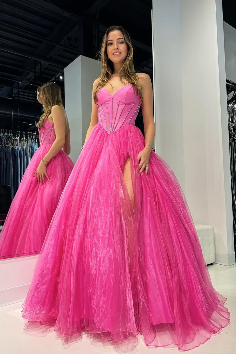 A-Line Sweetheart Long Pink Organza Prom Dress with Beading