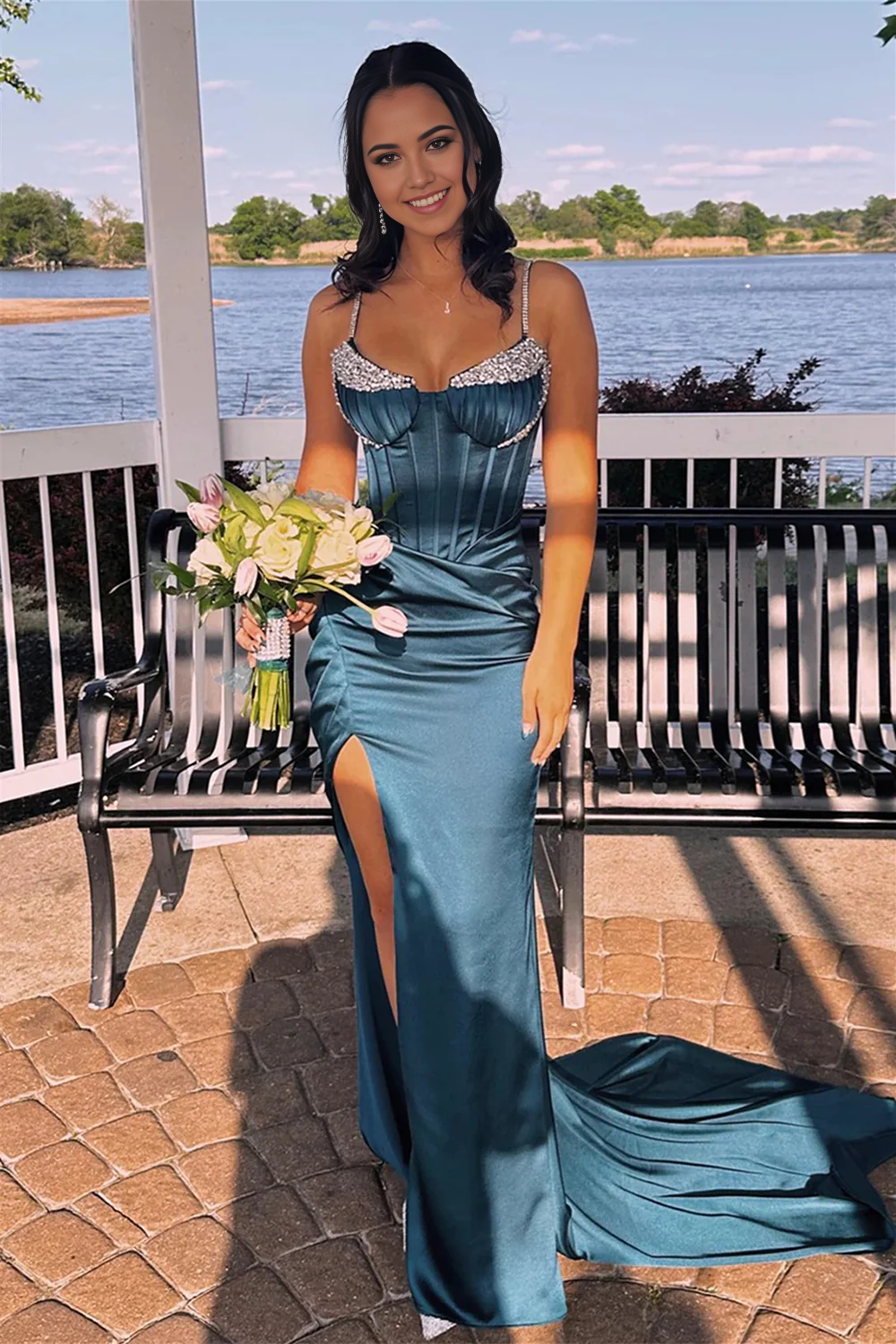 Mermaid Spaghetti Straps Corset Green Prom Dress with Beading