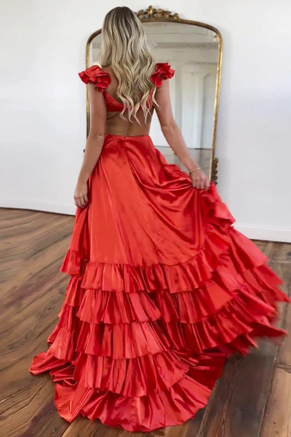 A-Line V-Neck Cutout Waist Tiered Satin Red Prom Dress With Split