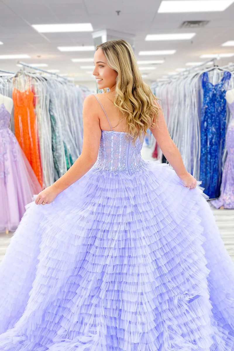 A-line Spaghetti Straps Lilac Tiered Tulle Ball Gown Long Prom Dress with Appliques