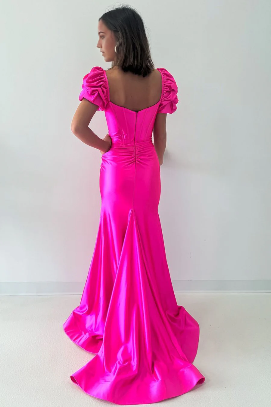 Mermaid Charming V Neck Hot Pink Satin Long evening gown formal dresses Prom Dresses with Slit
