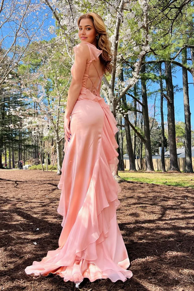 Square Neck Ruffle Chiffon Pink Long Prom Dress with Slit