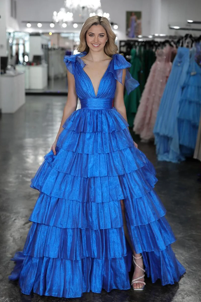 A Line V Neck Tiered Satin Royal Blue Long Prom Dresses