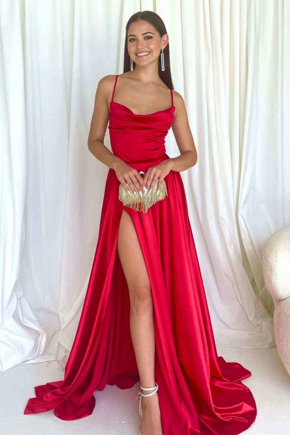 A Line Simple Spaghetti Straps Red Long Prom Dress with Criss Cross Back