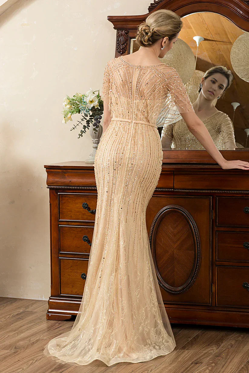 Mermaid Beading V-neck Glitter Mother of Bride Dress