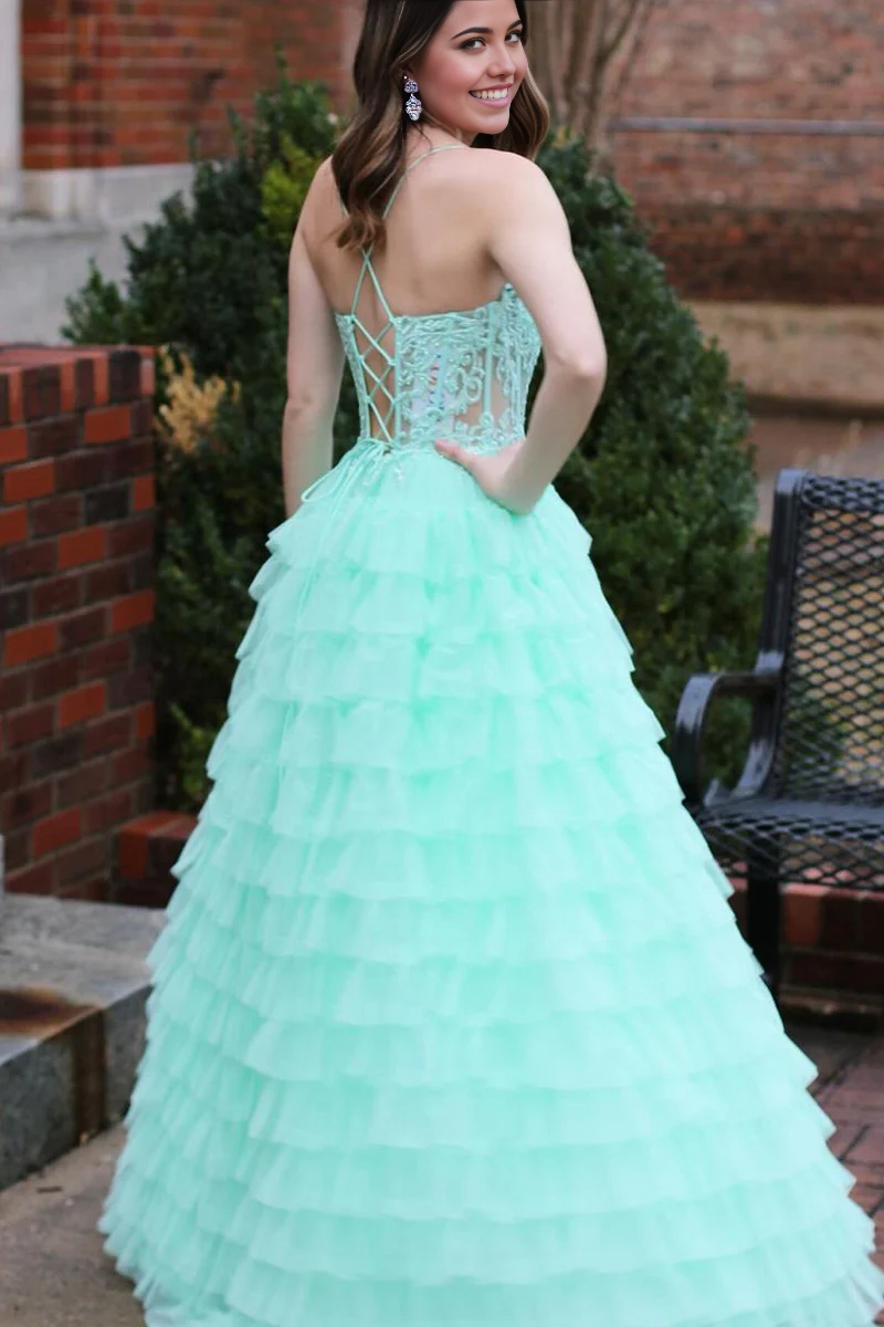 A Line Cute V Neck Mint Tulle Tiered Prom Dress