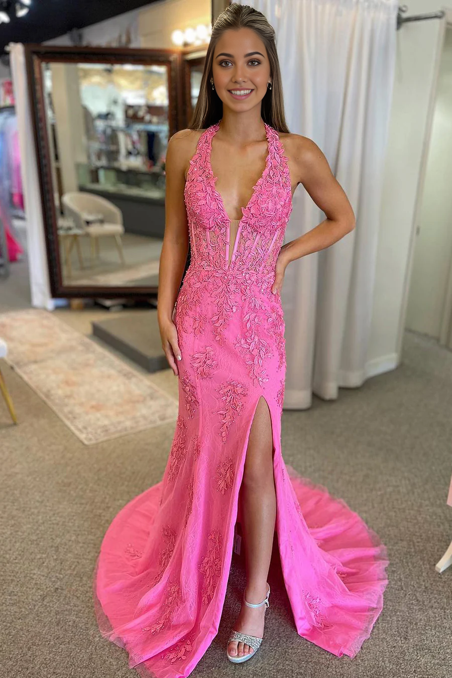 Mermaid V Neck Cute Long evening gowns formal dresses Prom Dresses with Appliques