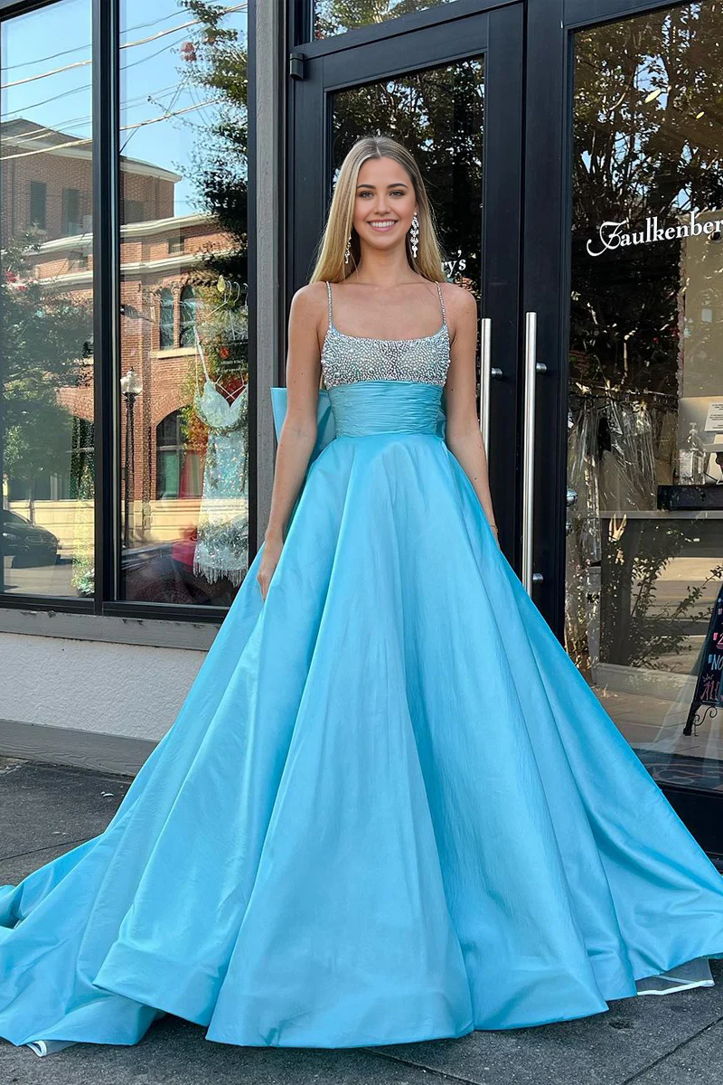 Square Neck Blue Satin Charming Ball Gown Long Prom Dresses with Beading
