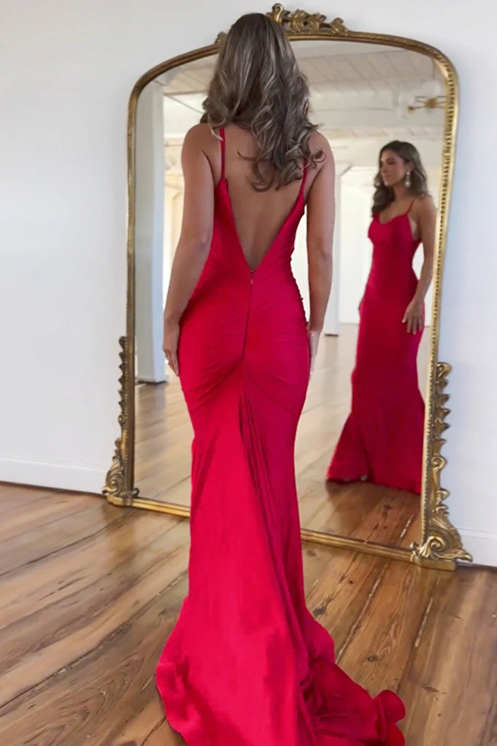 Mermaid Simple Spaghetti Straps Satin Red Long Prom Dress