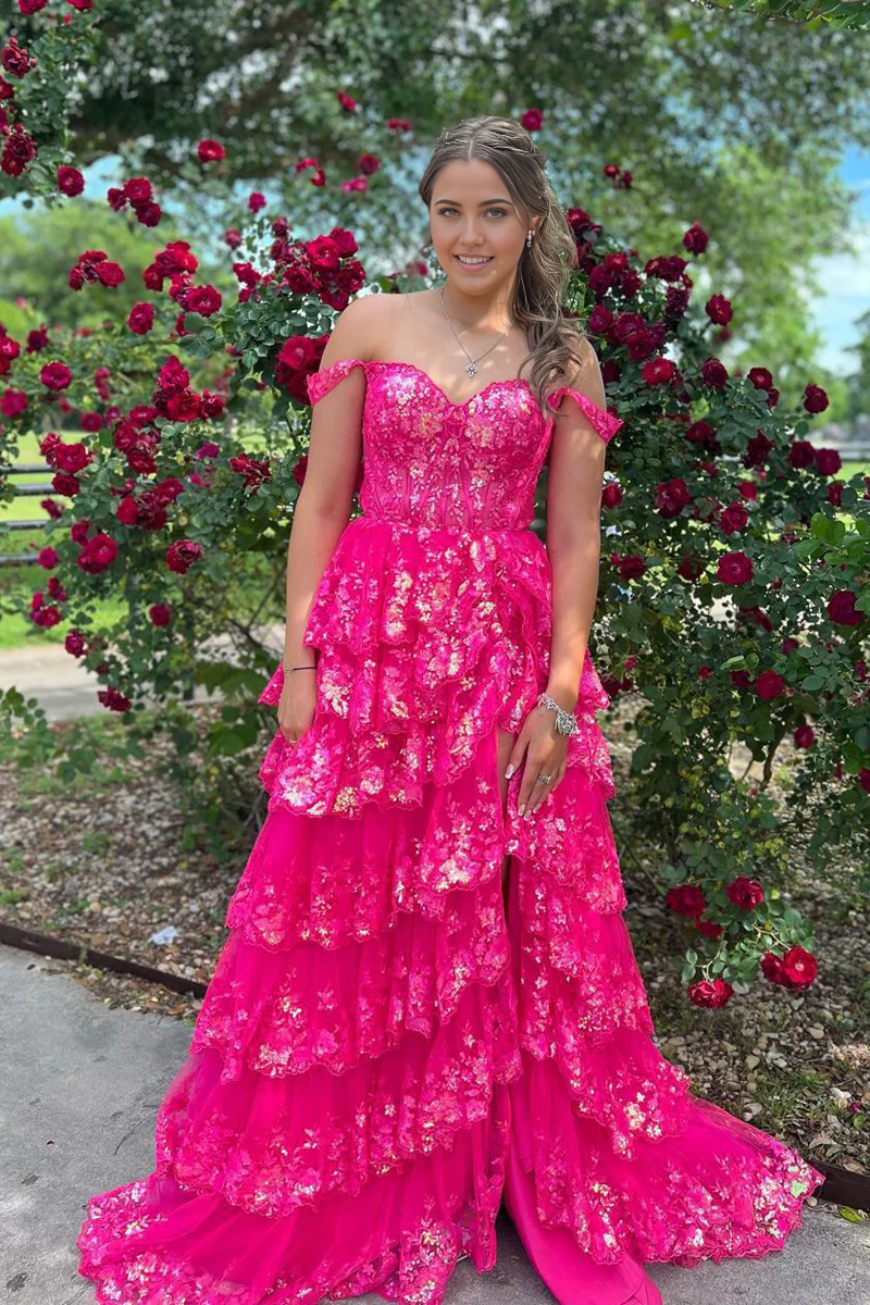 A Line Cute Sweetheart Pink Sequins Tiered Long formal dresses evening gown Prom Dresses with Slit
