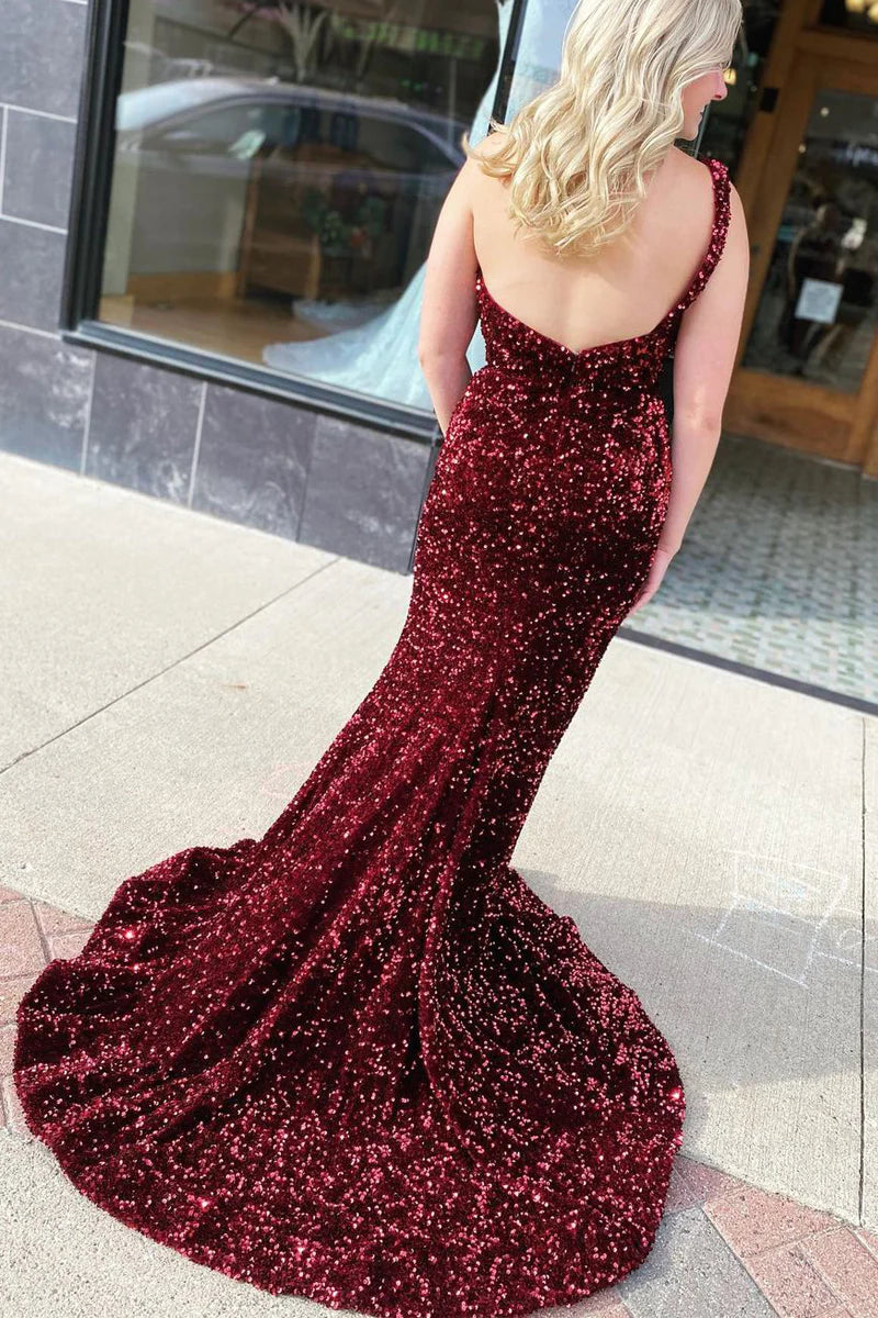 Mermaid One Shoulder Cute Sparkly Burgundy Sequins Long Prom Dresses with Slit
