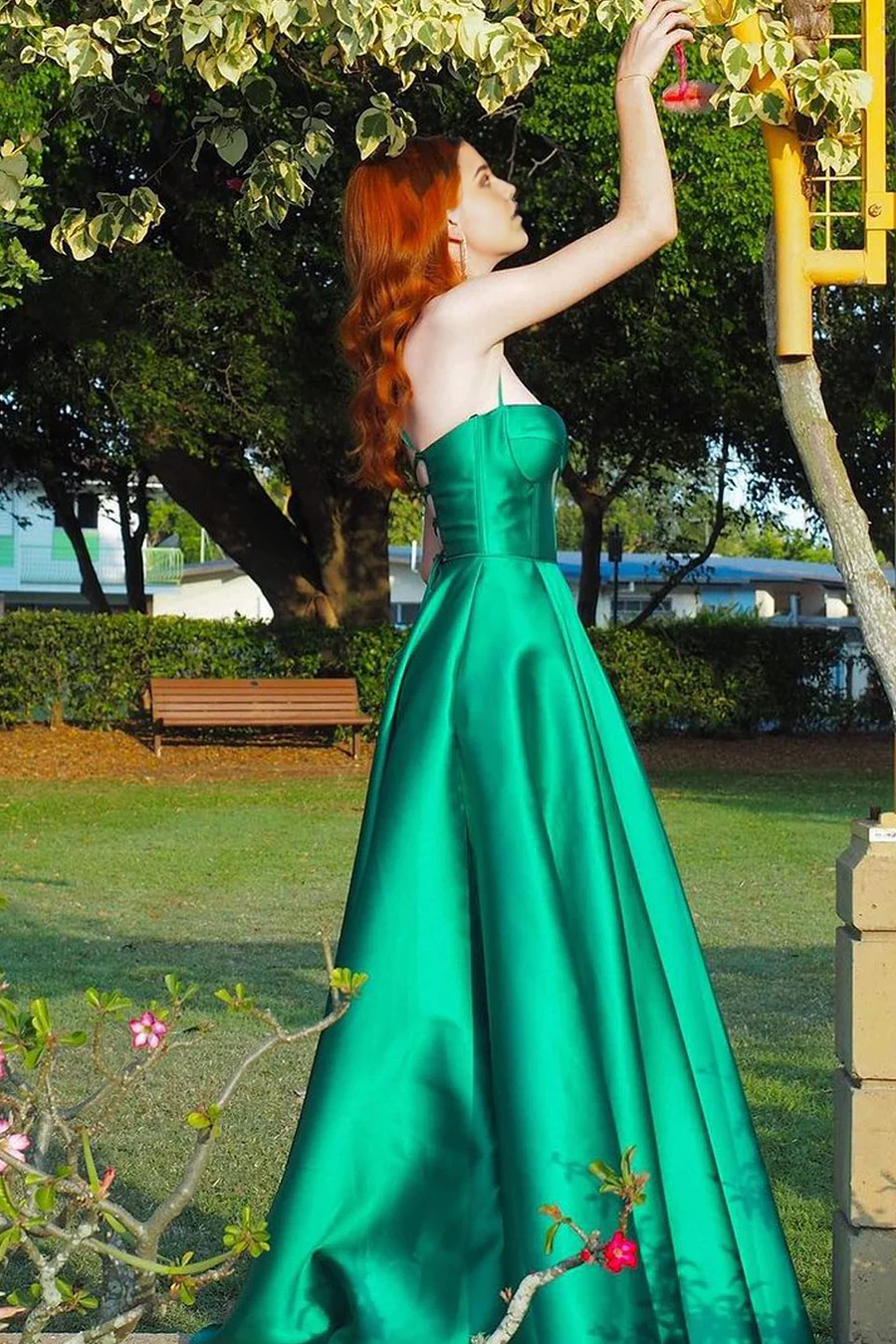 A Line Sweetheart Green Satin Long formal dress evening gown Prom Dresses with Slit
