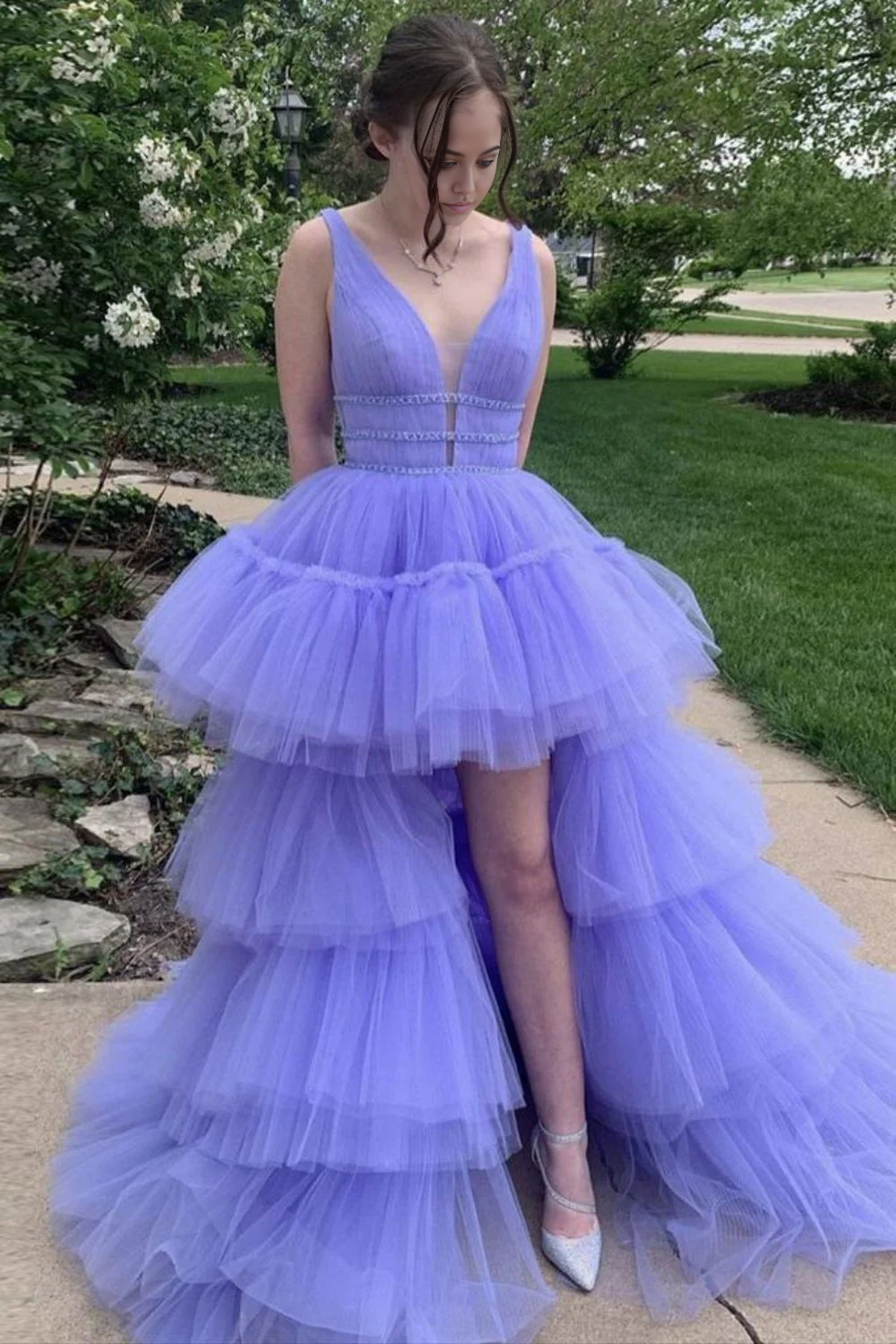 A-Line Deep V Neck High Low Lavender Long evening gown Prom Dress with Ruffles