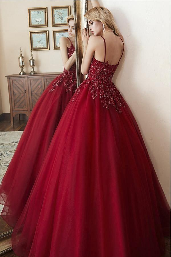 A-line Elegant Straps Ball Gown Beaded Burgundy Long formal dress evening gown Prom Dress