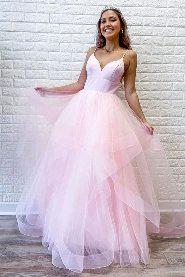 Simple Spaghetti Straps Pink Tulle Ruffles Long evening gown Formal Dress Prom Dress